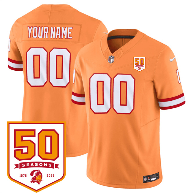 Men's Tampa Bay Buccaneers Active Player Custom Orange 2025 F.U.S.E. 50th Anniversary Patch Vapor Limited Stitched Jersey